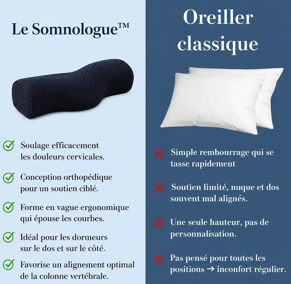 Tableau de comparaison entre oreiller cervical orthopédique et oreiller classique