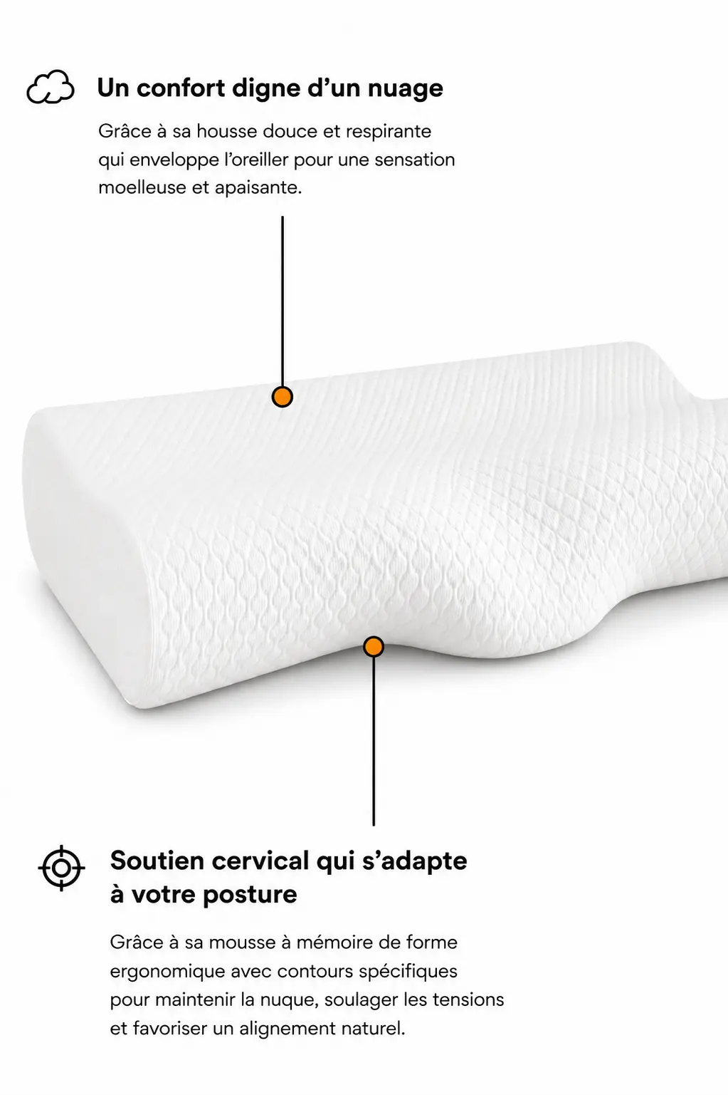 Oreiller cervical dormeurs latéraux Le Somnologue posé à l'horizontale