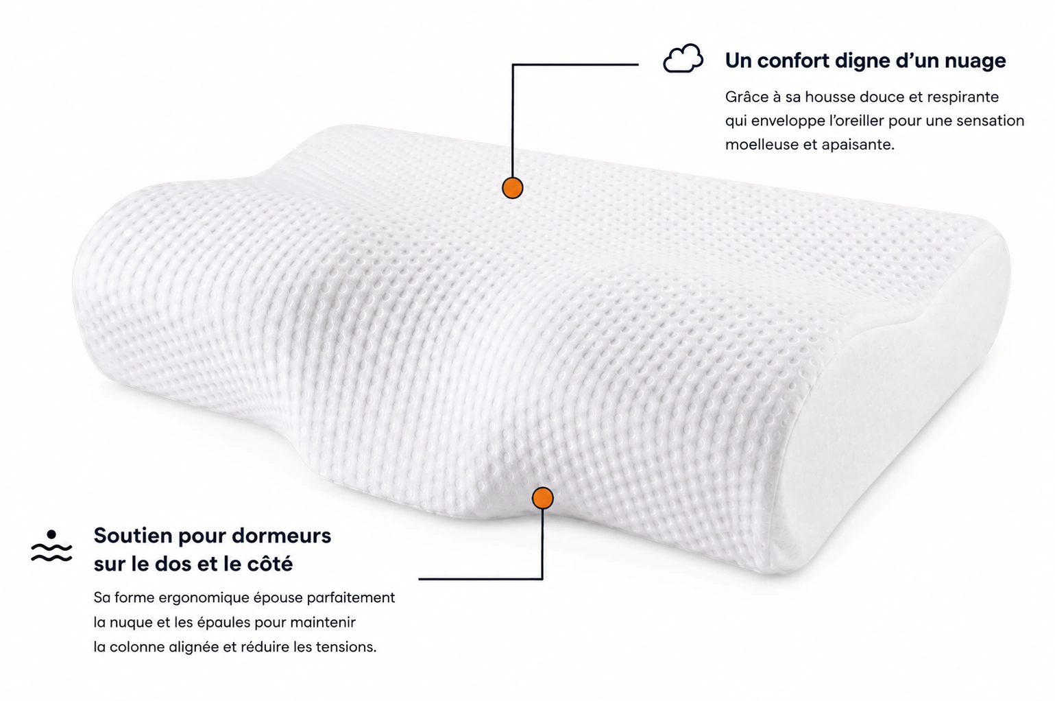 Oreiller anti-ronflement ergonomique Le Somnologue posé à l'horizontale