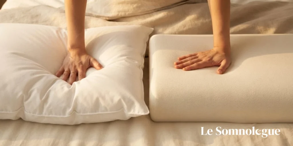 Deux mains pressant simultanément un oreiller en duvet souple et un oreiller en latex ferme, illustrant la différence de fermeté