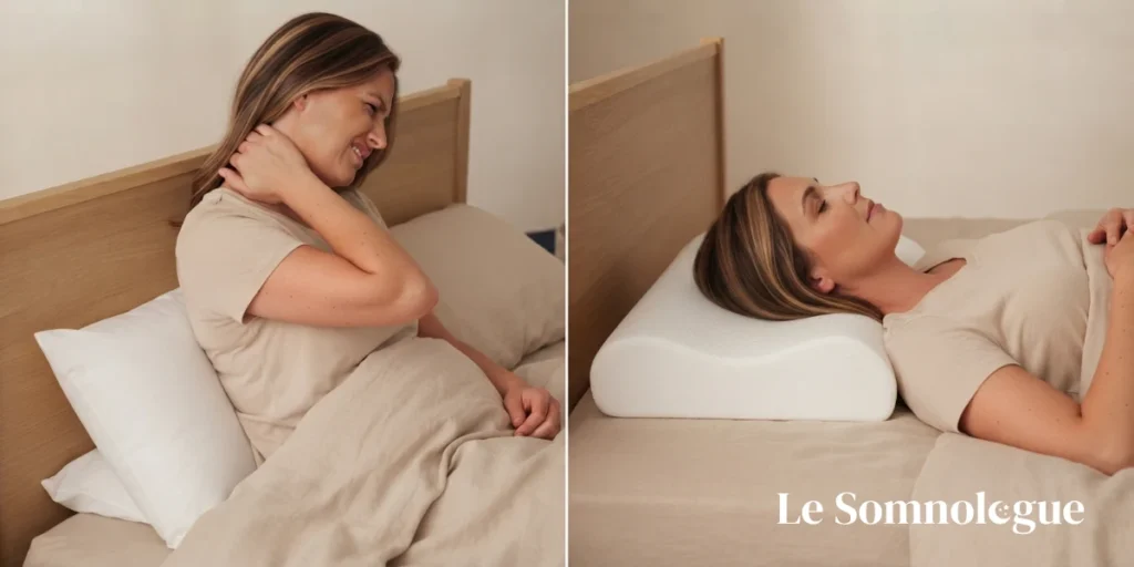 Comparaison entre une femme souffrant de douleurs cervicales sur un oreiller plat et confortablement installée sur un oreiller cervical ergonomique