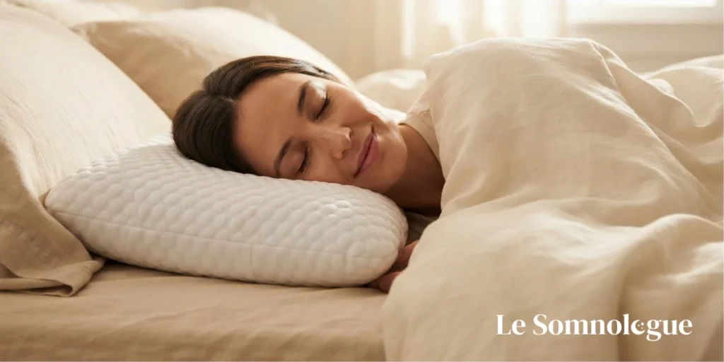 Femme dormant paisiblement et souriante sur son oreiller, illustrant le confort et la satisfaction d'un bon choix d'oreiller