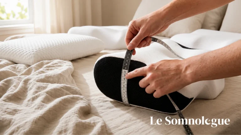 comment choisir son oreiller : mains mesurant la hauteur d'un oreiller Le Somnologue, guide pour choisir son oreiller
