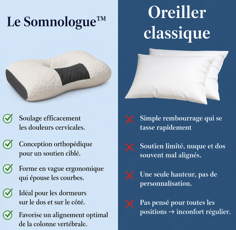 Oreiller Cervical 3 Zones – Confort Ciblé 3 Tableau de comparaisons entre oreiller cervical 3 zones et oreiller classique
