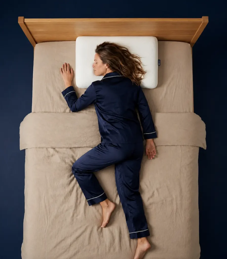 Dormeur sur le ventre avec oreiller cervical plat, vue du dessus