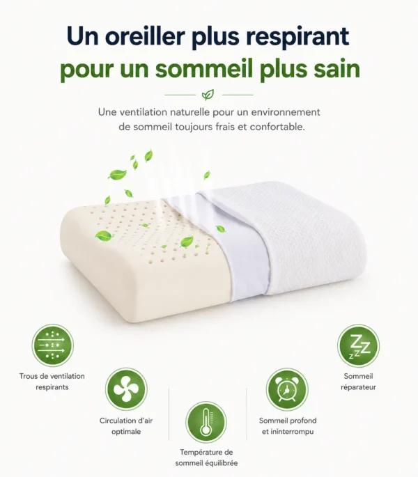 Oreiller latex naturel respirant - hypoallergénique et anti-acariens pour un sommeil sain