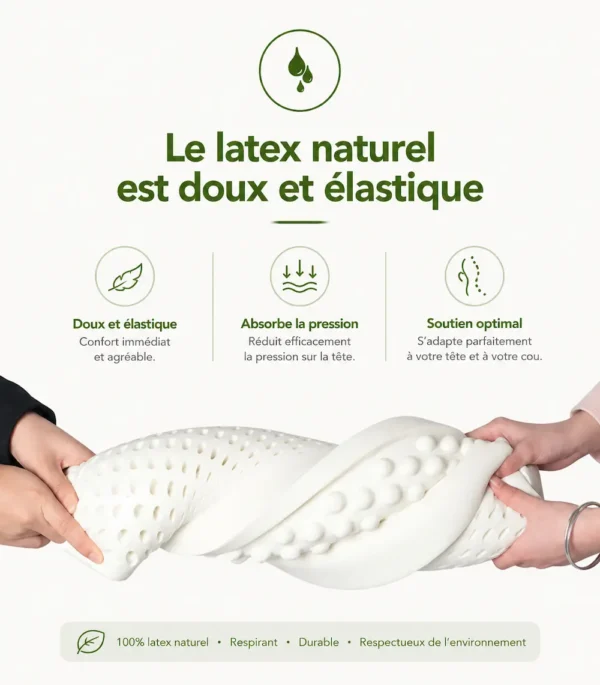 Gros plan sur la texture souple et élastique du latex naturel de l'oreiller latex picots