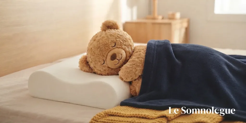 Peluche endormie paisiblement sur un oreiller ergonomique, dans une ambiance douce aux couleurs de la marque